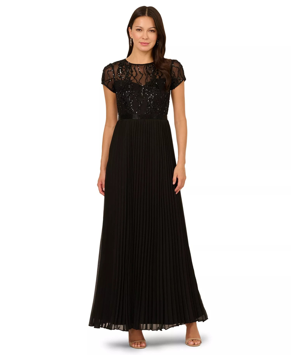 Adrianna Papell Black Embellished Pleated Dress Size 10P, MSRP: $299